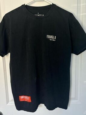 YoungLA Black Short-Sleeve Graphic Tee with Red Hem Patch
